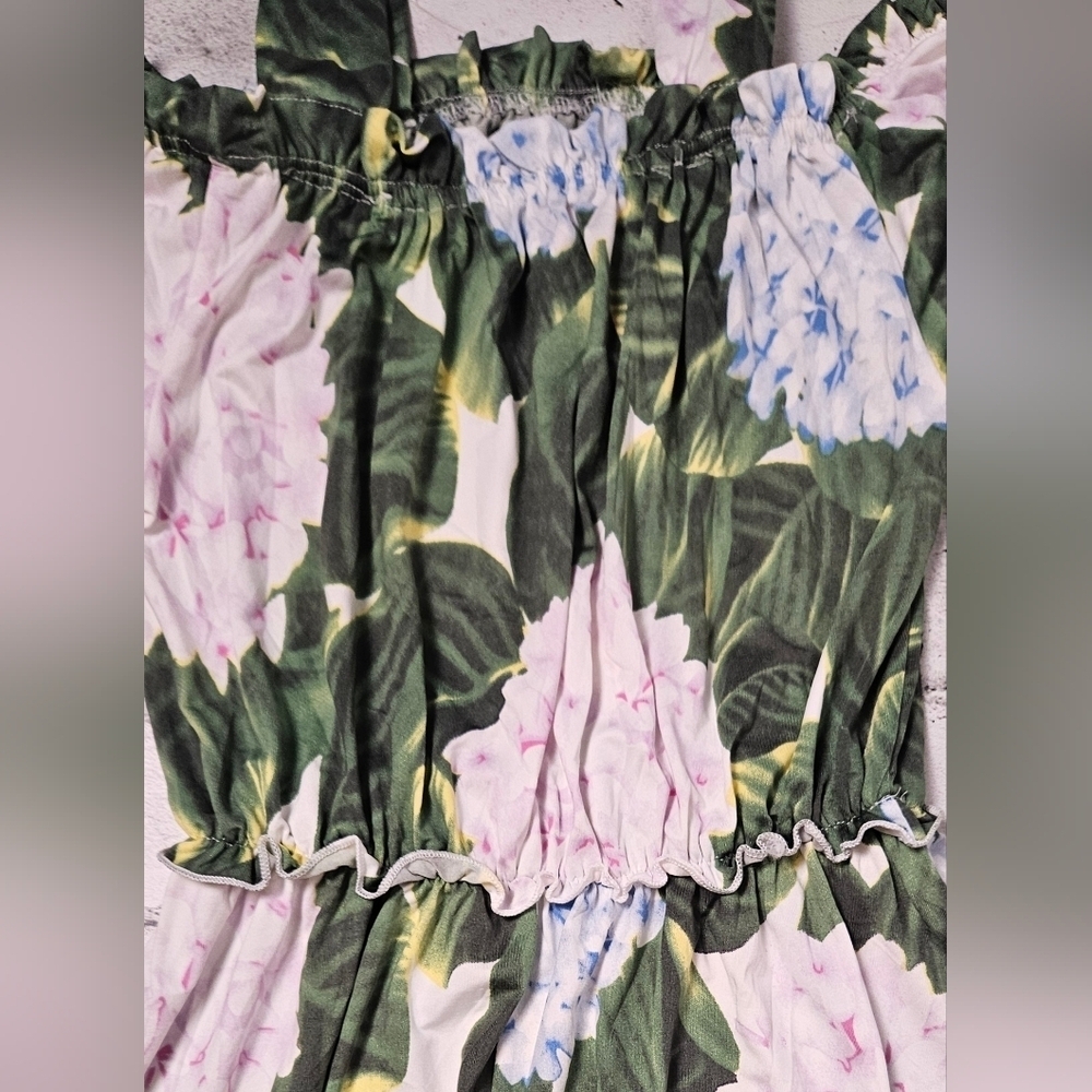 HQ Fashion Green Floral Hydrangea Dress Puff Sleeve Ruffle Hem L - Picture 7 of 12